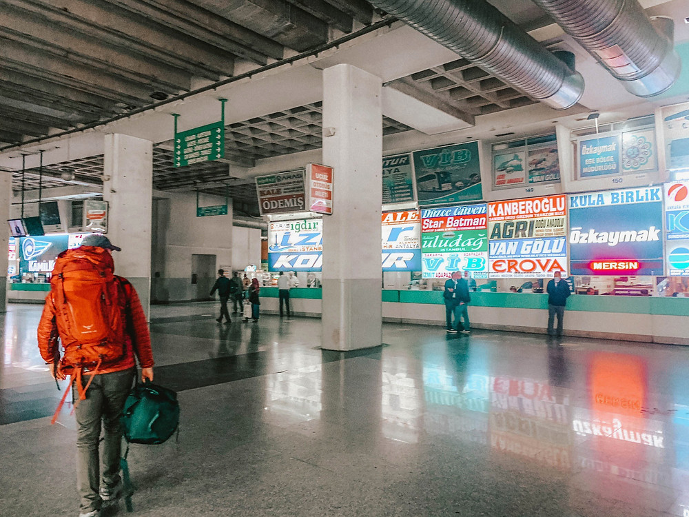 Action shot at the Izmir bus terminal - notice Chipp carrying Jenna's "backpack"