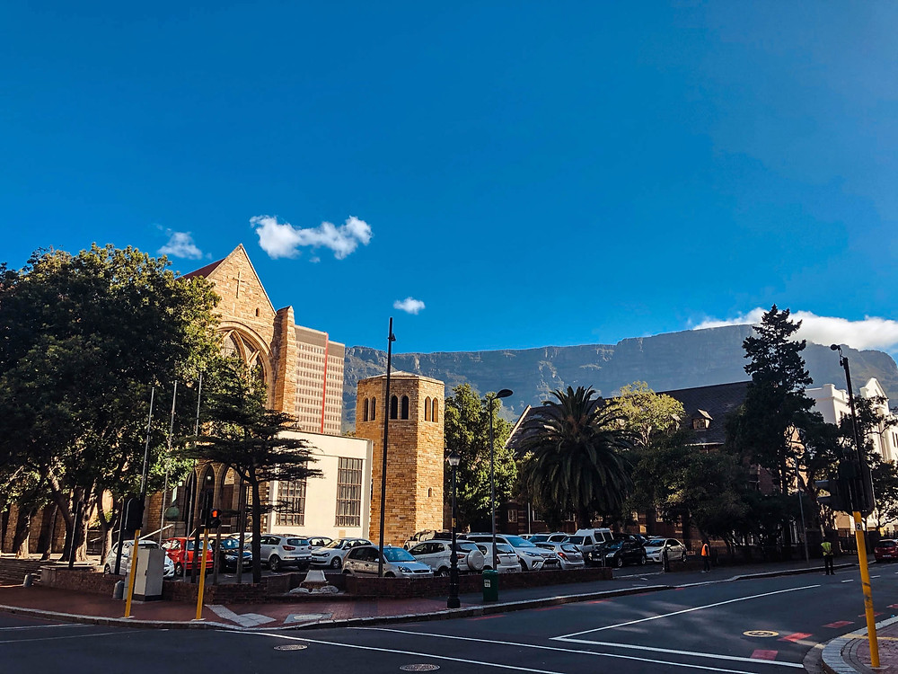 St. George's Cathedral at sunset, with Table Mountain in the background