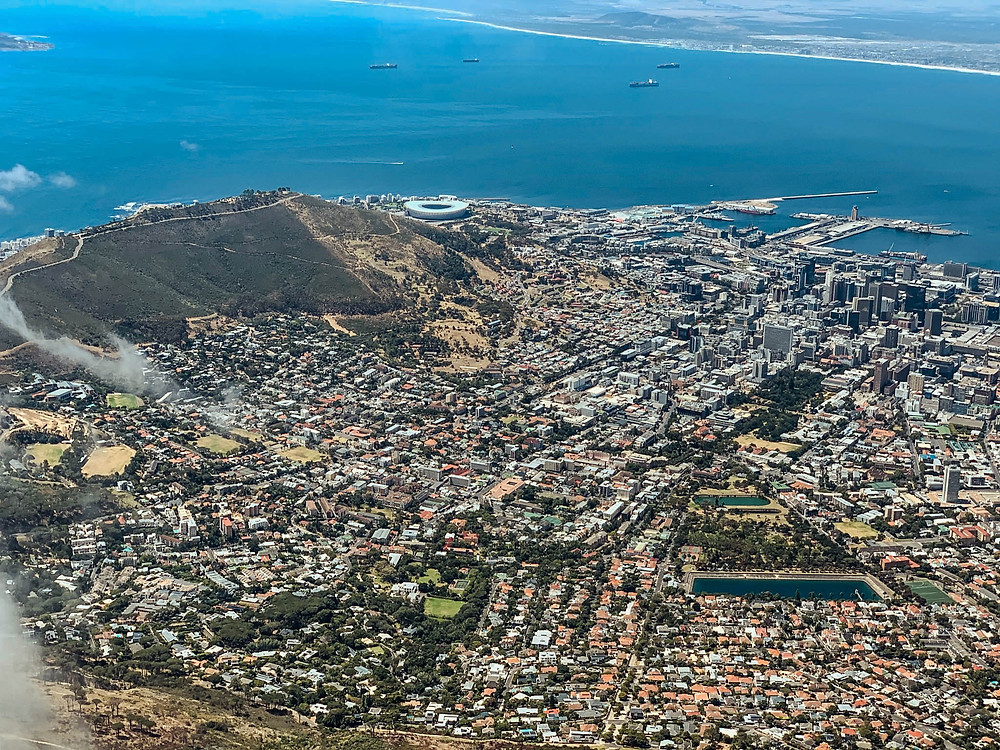 Looking down from Table Mountain into Cape Town's City Bowl and out to the waterfront