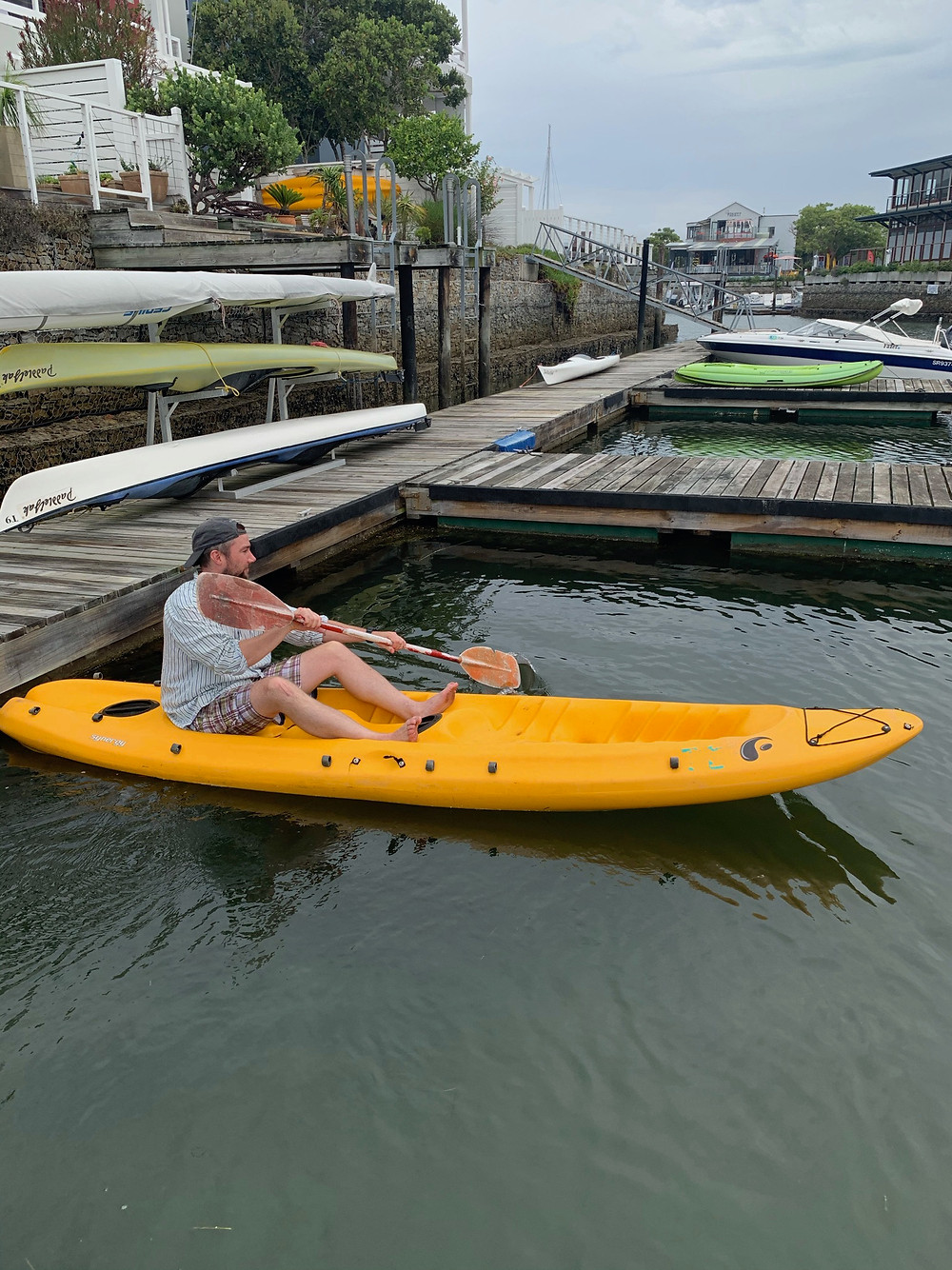 Chipp - not so smoothly - navigating to pick up Jenna for an afternoon kayak through the Thesen Island canals