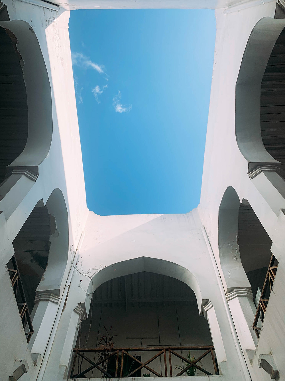 Looking up in the Zanzibar Coffee House's central courtyard
