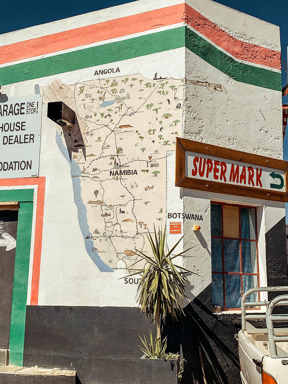 A mural map of Namibia in Aus - last large town on the way to Luderitz