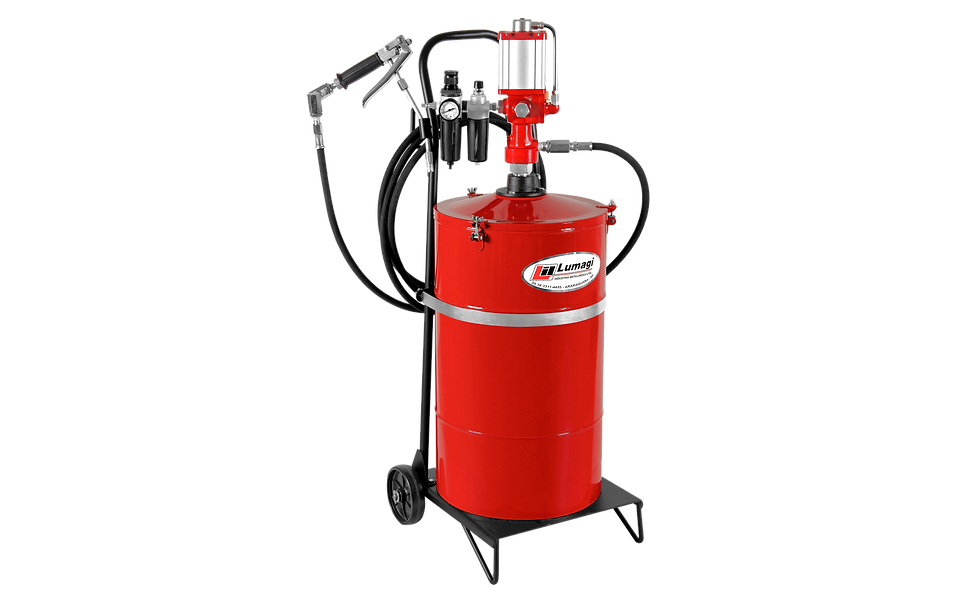 Propulsora pneumática para graxa com reservatório e carrinho de transporte, projetada para garantir mobilidade e eficiência