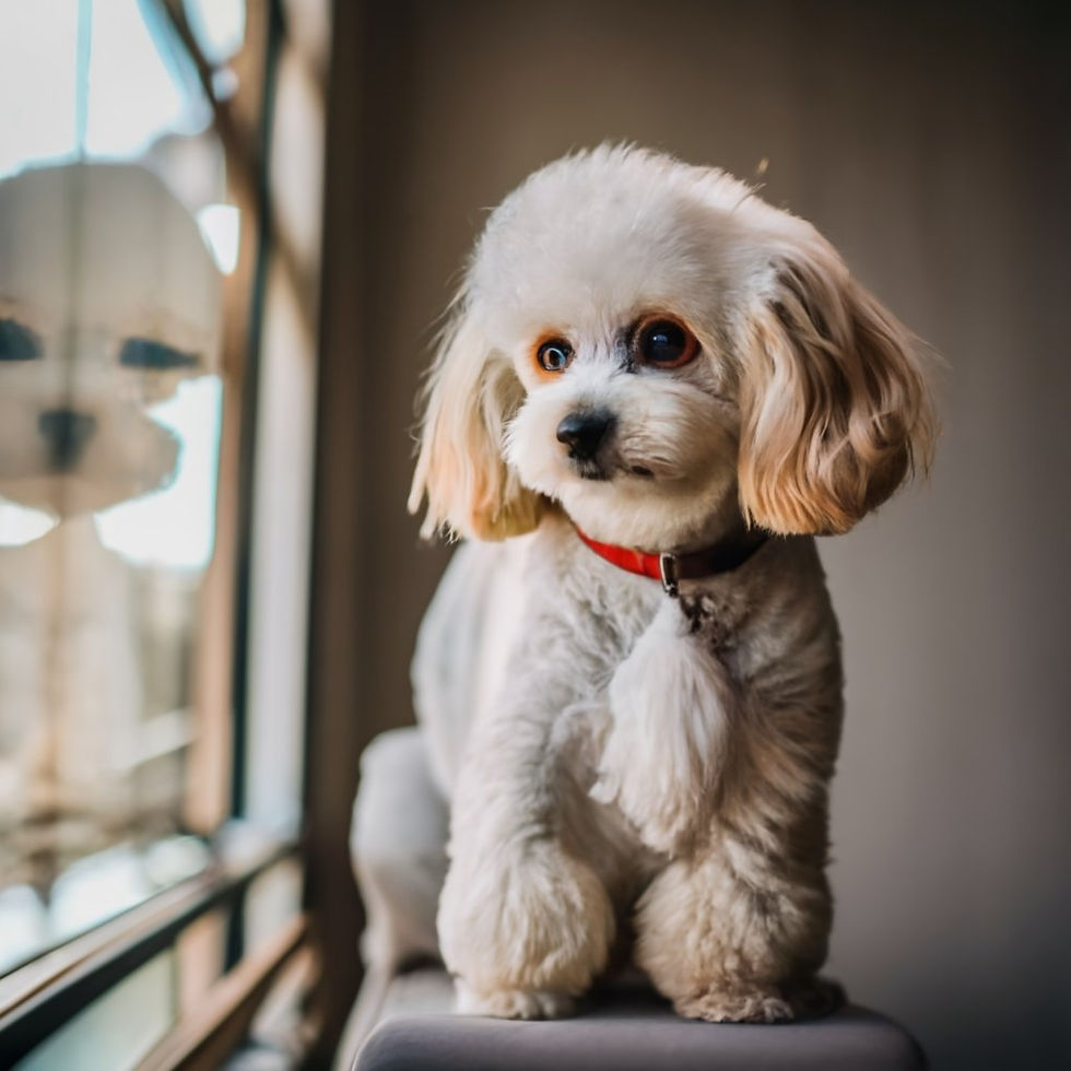white fluffy maltipoo looking at a window