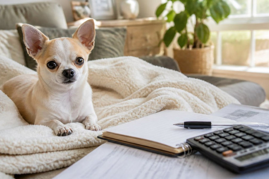 A small Chihuahua puppy resting comfortably on a soft cream blanket in a sunlit living room, alert and healthy, with a warm home setting behind it