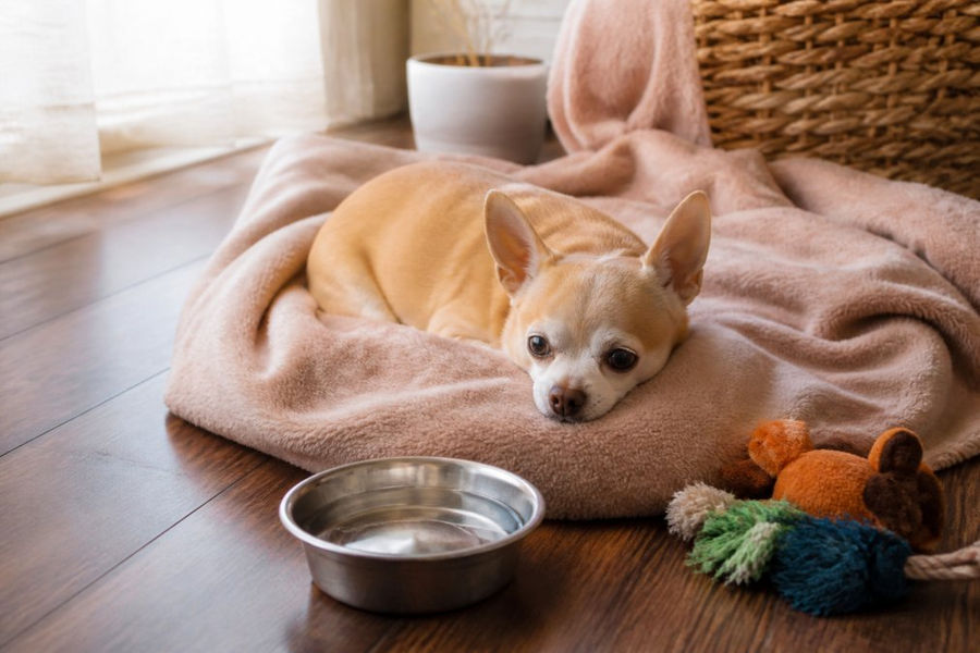 A small Chihuahua resting on a soft blanket in a cozy living room corner, with a water bowl and a few chew toys nearby, warm natural light coming through a window