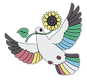 The logo of White Dove Disability Advocacy, a cartoon white dove with disability pride colors for feathers, holding the stem of a sunflower in its beak.