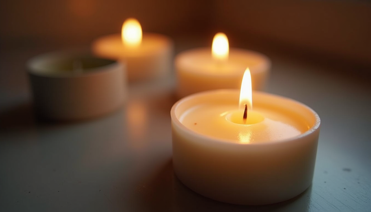 Vista cercana de una vela aromática encendida con llama estable y cera derretida uniformemente