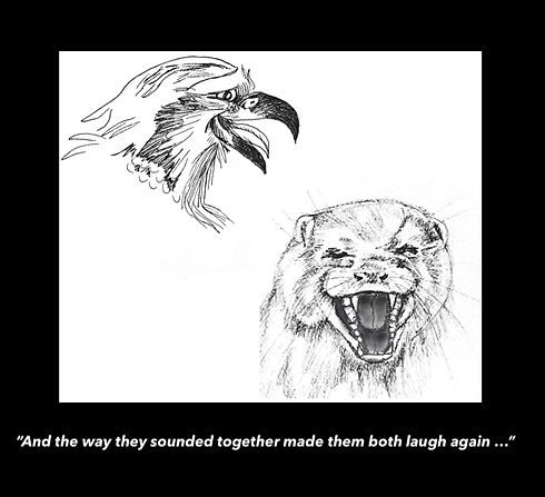 Hawk and Otter laughing on black bckgr c