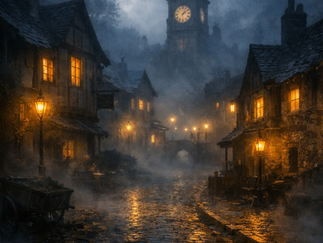 A fog‑shrouded village at night with lantern‑lit cobblestone streets leading to a clock tower, its windows glowing through mist as the town reemerges from time.