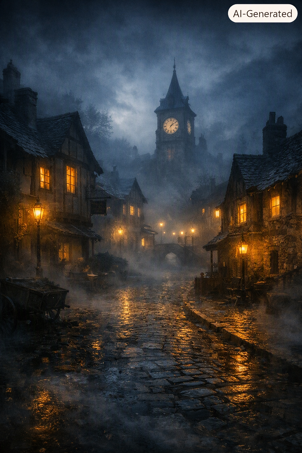 A fog‑shrouded village at night with lantern‑lit cobblestone streets leading to a clock tower, its windows glowing through mist as the town reemerges from time.