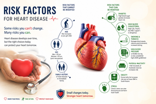 Infographic illustrating modifiable and non-modifiable risk factors for heart disease.