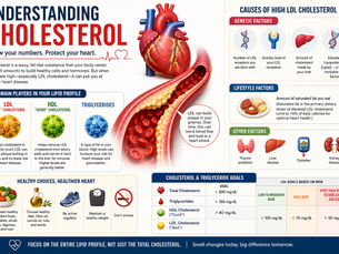 Infographic explaining cholesterol types, causes, and updated lipid profile goals.