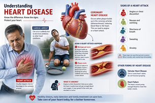 Infographic explaining the difference between a heart attack and sudden cardiac arrest, along with heart disease symptoms.