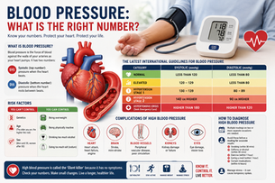 Infographic detailing the latest international guidelines for blood pressure, including updated stages for normal, elevated, and high blood pressure, alongside common risk factors.