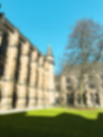 Historic stone building with arched windows and a tower next to a bare tree. Bright blue sky and green grass create a serene atmosphere.