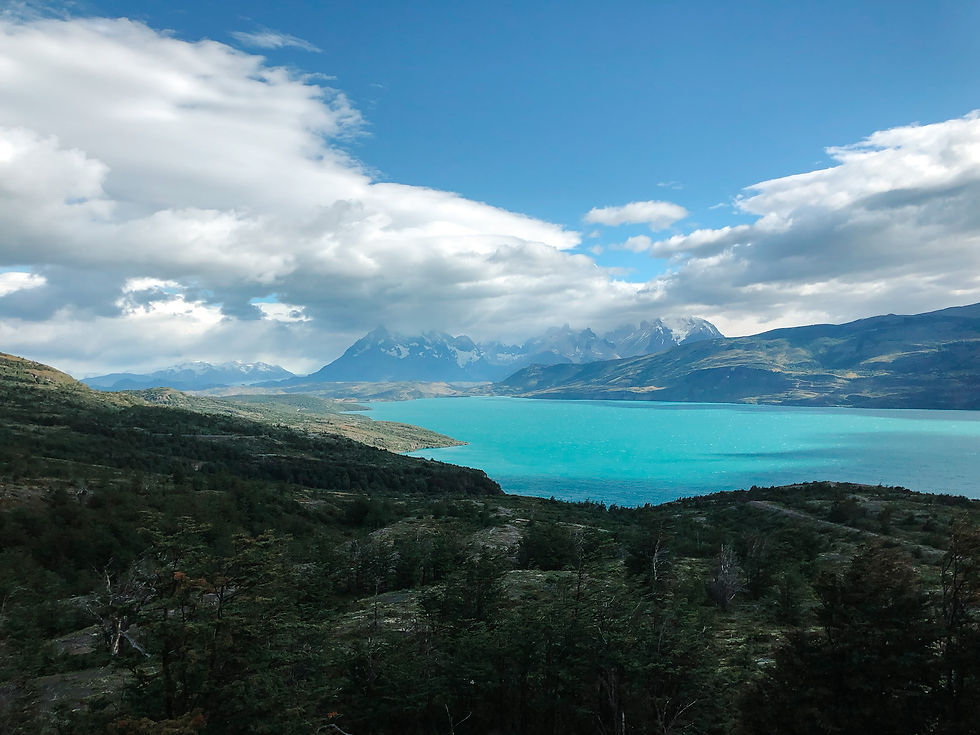View from above on Torres del Paine's turquoise lake in Patagonia, Chile