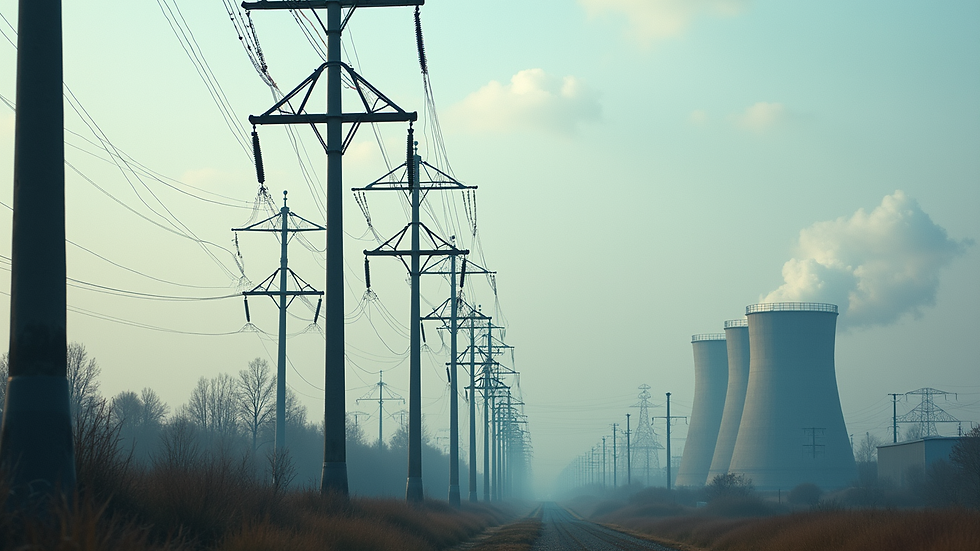 Close-up view of a power plant with electrical towers and cables
