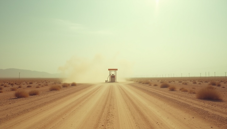 Eye-level view of a dusty, cracked road stretching into a barren landscape with a lone fuel pump in the distance