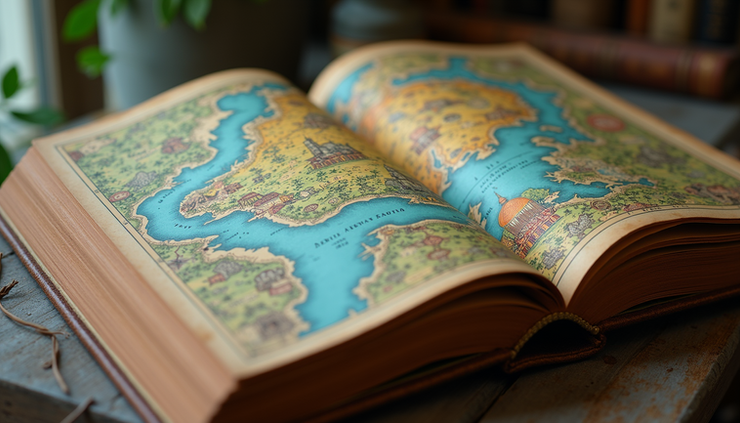 Eye-level view of an open book with a fantasy map spread across the pages