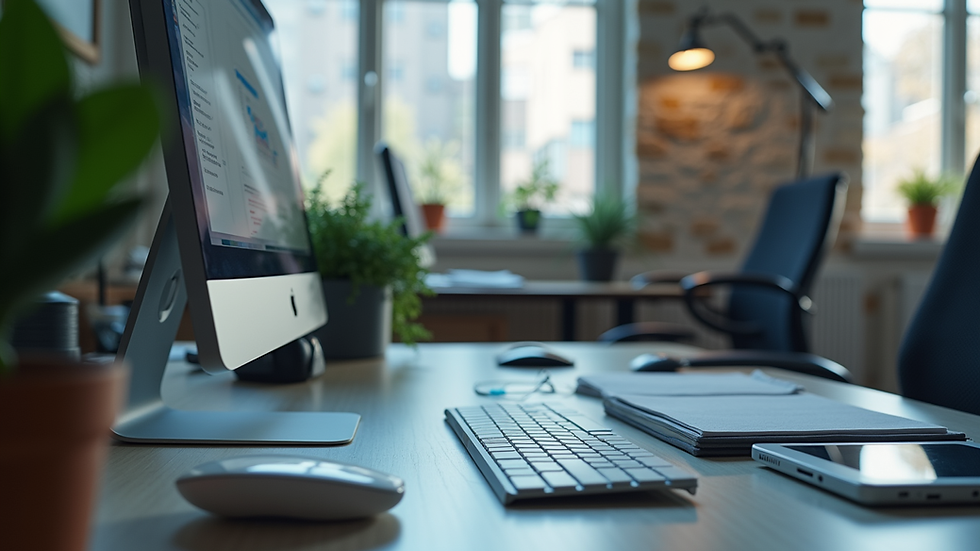 Eye-level view of modern office workspace with computer and digital tools