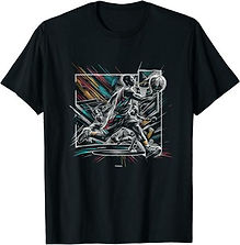 a black t-shirt with a colorful motif of a basketball player doing a pass fake assist in a