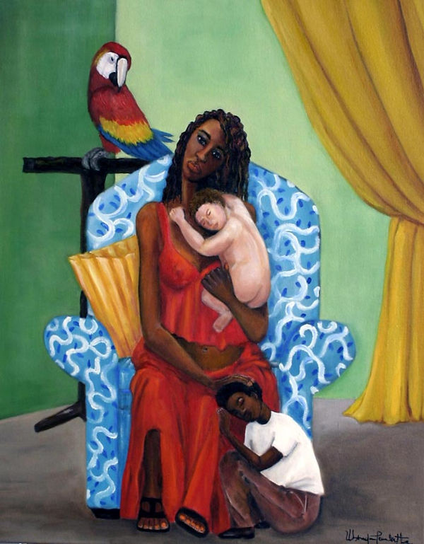 Black art, chidren, baby, bird, mother