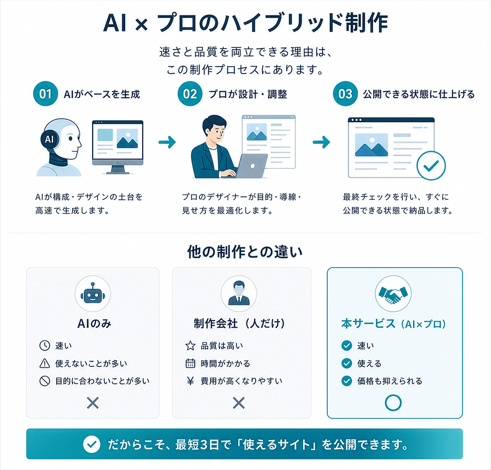 AIとプロのハイブリッド制作の流れを示した図。AIが構成とデザインの土台を生成し、プロが設計・調整を行い、最終チェック後に公開可能なWebサイトとして納品するプロセスと、AIのみ・制作会社との違いを比較している。