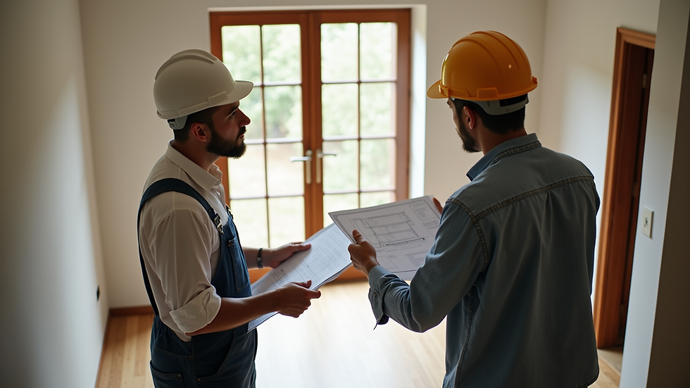 High angle view of a contractor discussing renovation plans with a homeowner