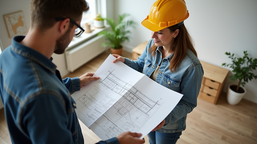 High angle view of a contractor discussing home renovation plans with a homeowner