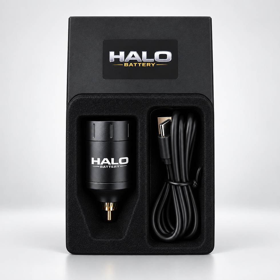 HALO tattoo battery and charging cable in retail packaging