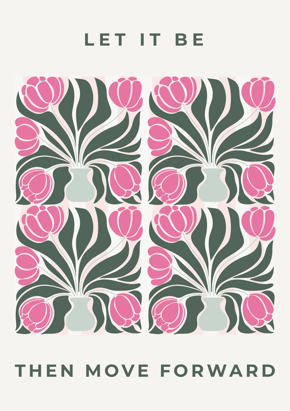 Stylized pink flowers in vases, repeating pattern design.