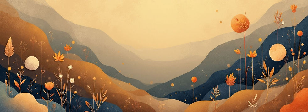 Abstract landscape with rolling hills and wildflowers in warm earth tones, orange and navy hues. The sky is softly illuminated. Lush and serene scene. Nora Holistic Coacching