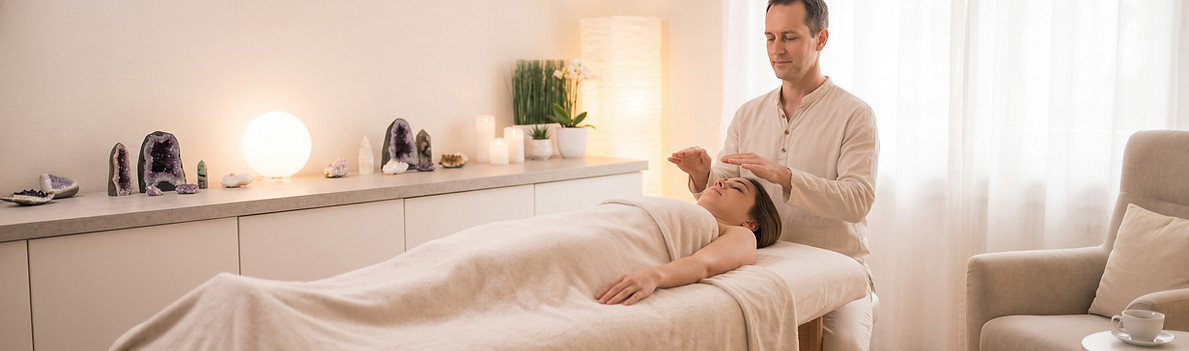 Femme allongée sur une table de soin pendant qu'un praticien de Reiki tient les mains au-dessus d'elle dans une pièce calme