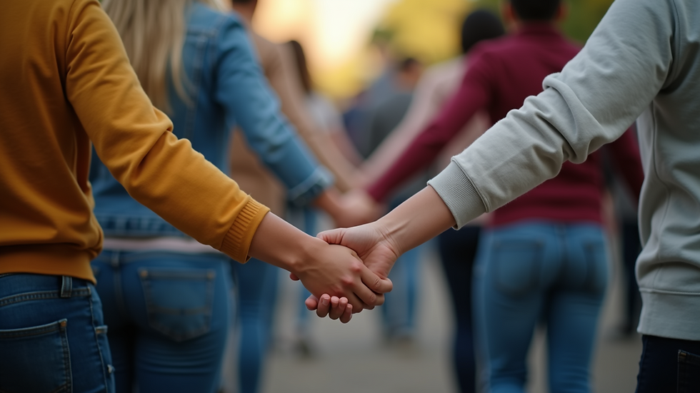 Eye-level view of a diverse group of people holding hands in solidarity