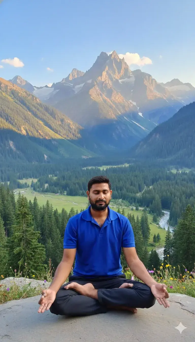 Meditation pose with mountains in the background