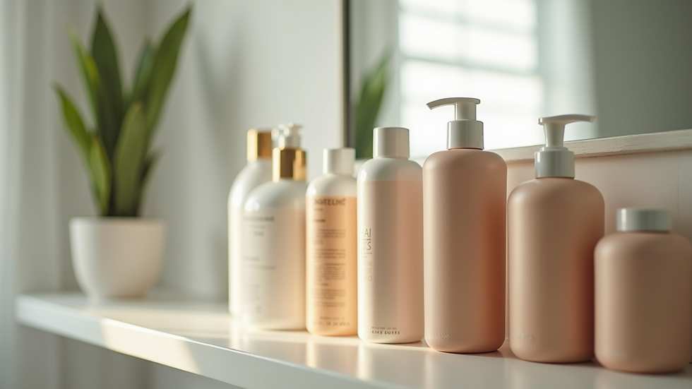 Eye-level view of hair care products lined up on a bathroom shelf