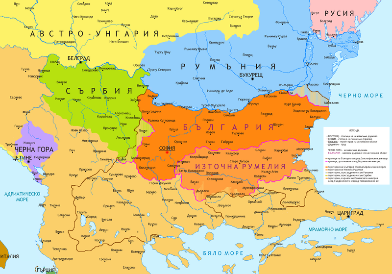 A map showing Bulgaria and Eastern Rumelia at the time of unification