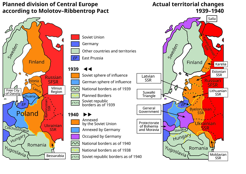 Maps showing German and Soviet territorial expansion in Eastern Europe.