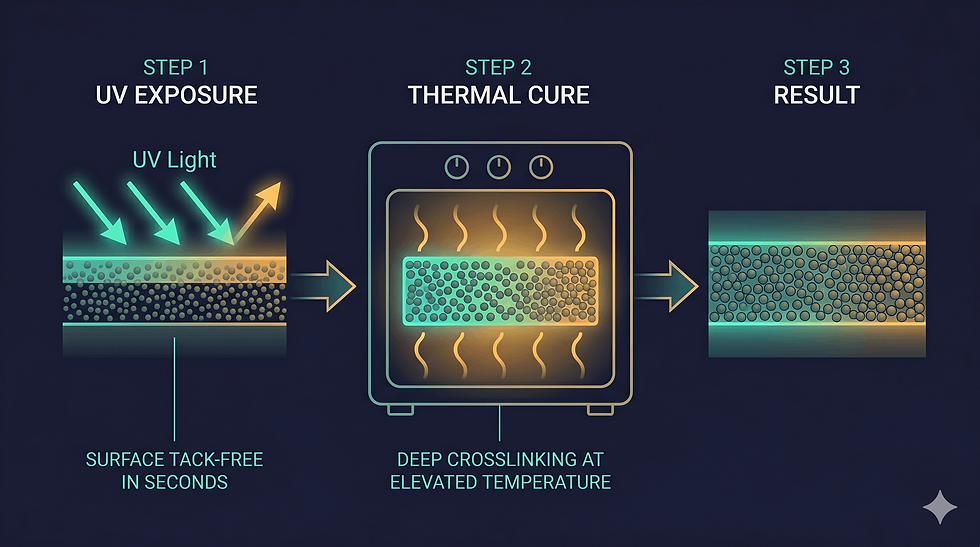 UV + 熱雙重固化(Dual-Cure)機制:UV 光完成表面秒級定位,後段熱固化實現深層完整交聯,突破 90% 高粉體下光穿透不足的物理限制