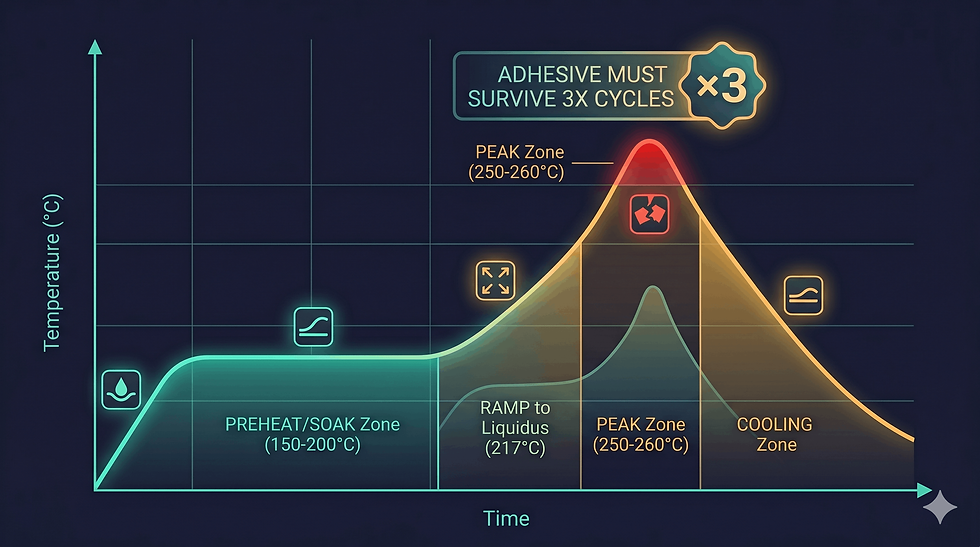 J-STD-020E 無鉛回流焊溫度曲線:預熱 150-200°C、峰值 260°C 停留 30 秒,膠材須承受三次完整循環不脫層、不裂化、不失效