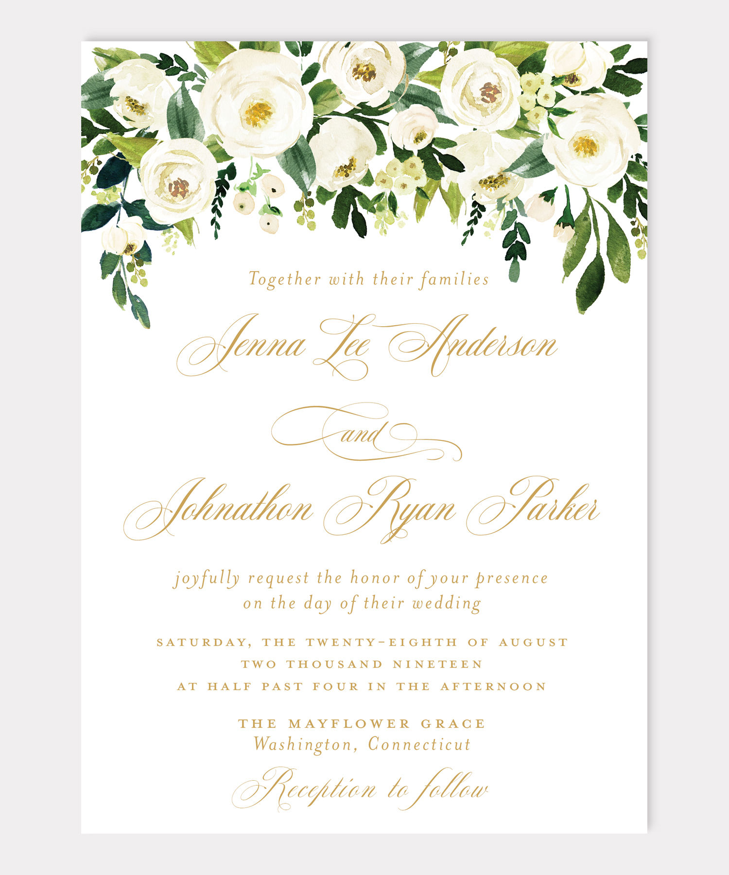 Gold greenery watercolor floral custom wedding monogram custom wedding crest custom wedding invitation
