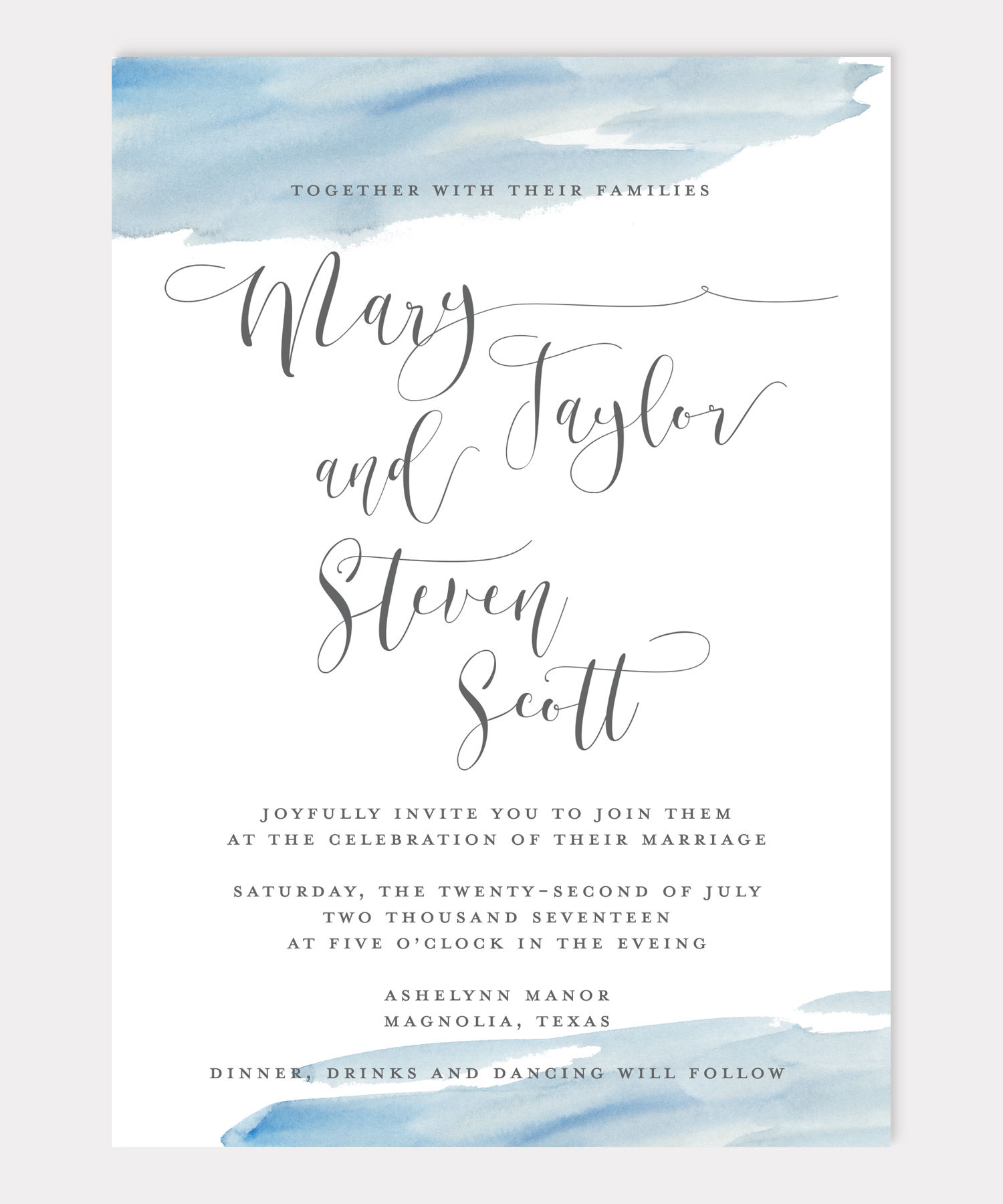 Blue Watercolor Modern Custom Wedding Invitation