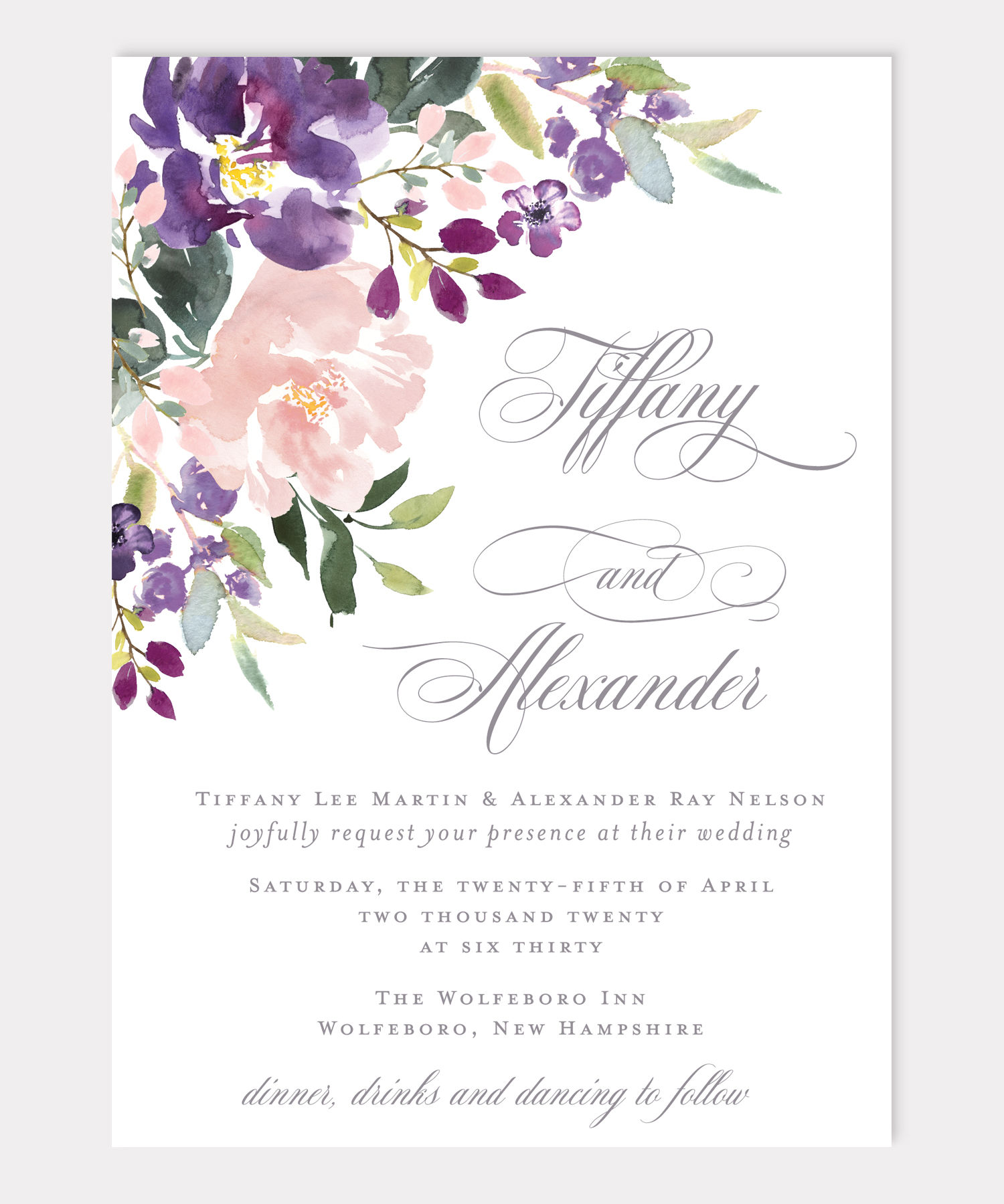 Wedding Invitation, Pink and Purple Wedding Invitation, Purple Floral, Pink Floral, Watercolor Floral Wedding Invitation