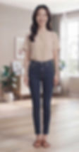 深藍彈力修身小腳牛仔長褲正面微笑穿著展示