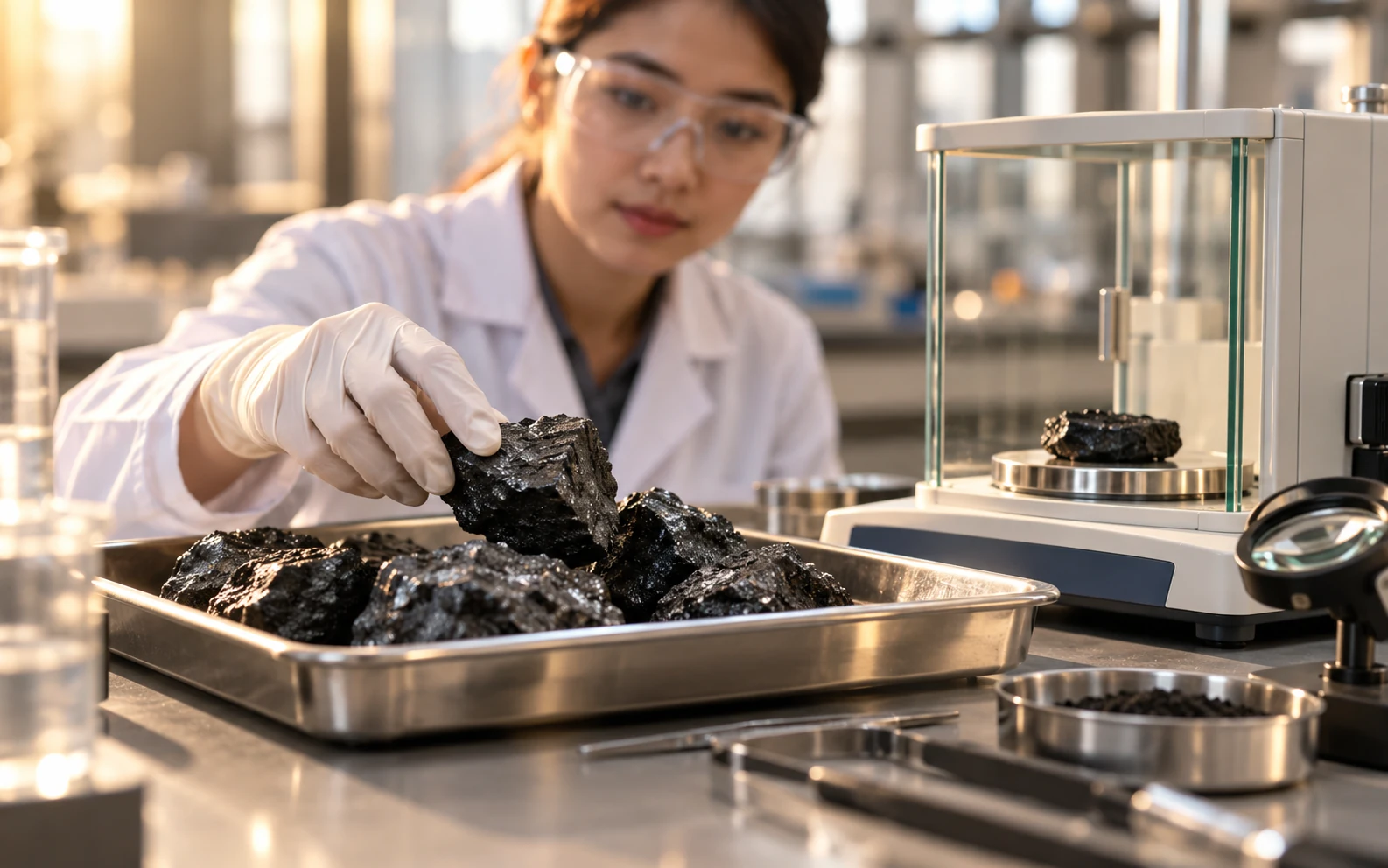 A laboratory professional examining thermal coal samples