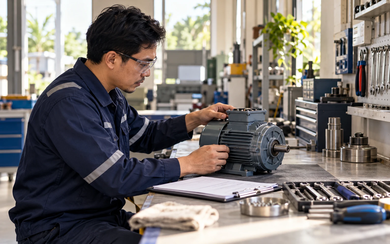 A maintenance technician inspecting an inactive industrial motor