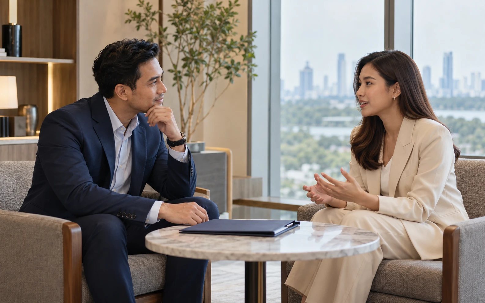 A recruitment consultant listening to a candidate in an interview