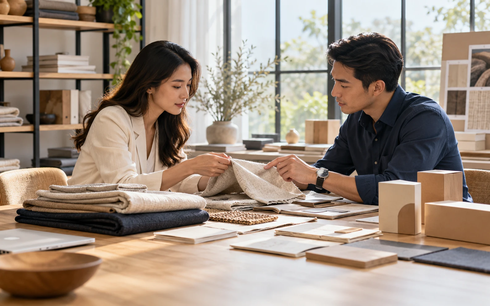 Two commercial professionals examining textile and material samples