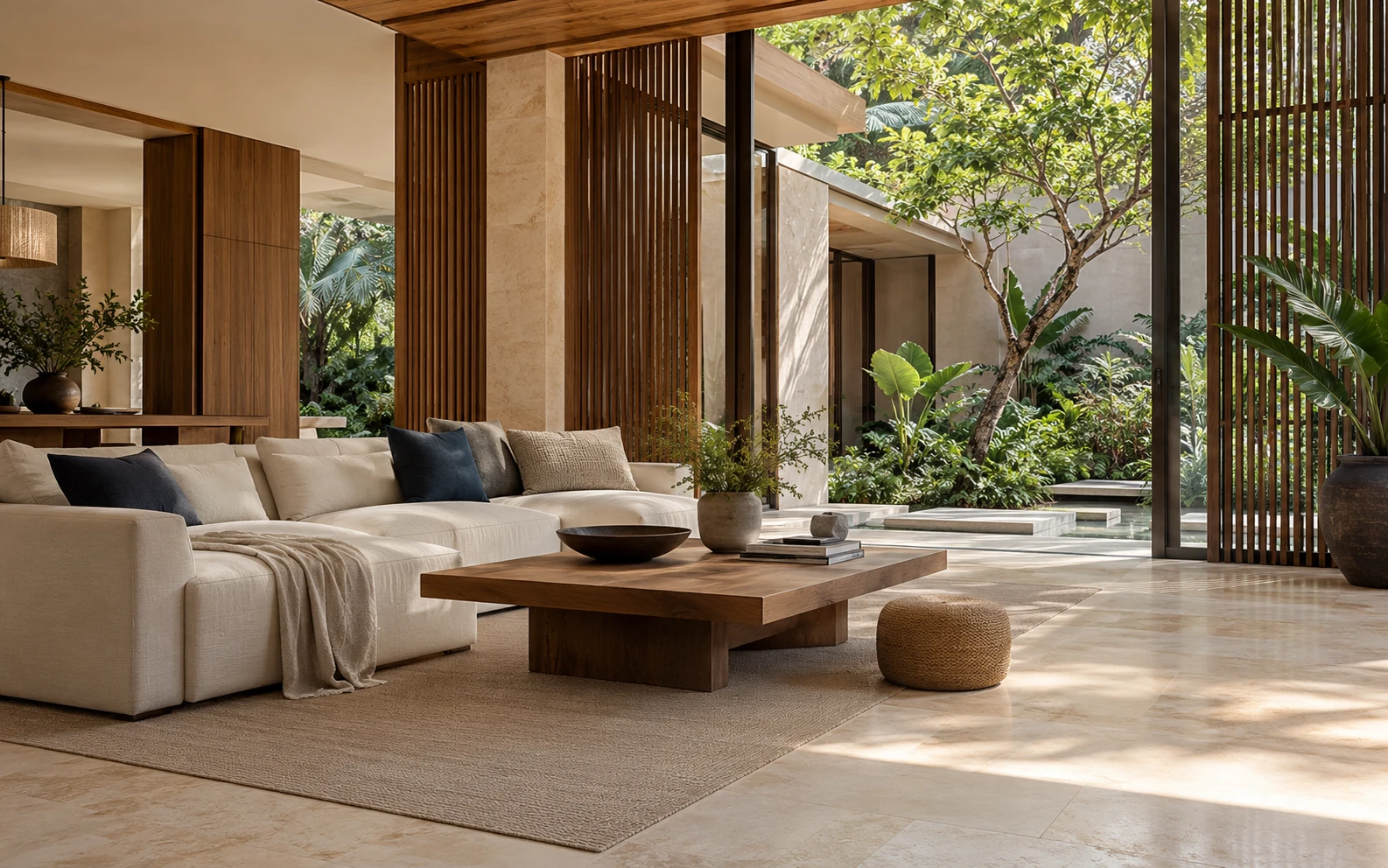 A contemporary residential living room opening to a tropical garden